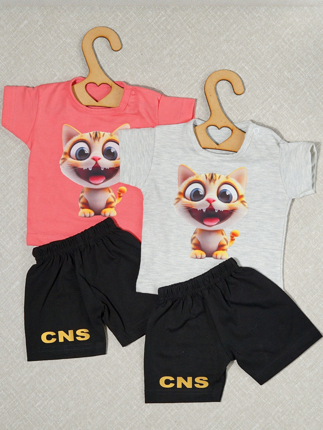 CRAZE N STITCH Boys Pack Of 2 Cat Printed T-shirt With Shorts Clothing Set