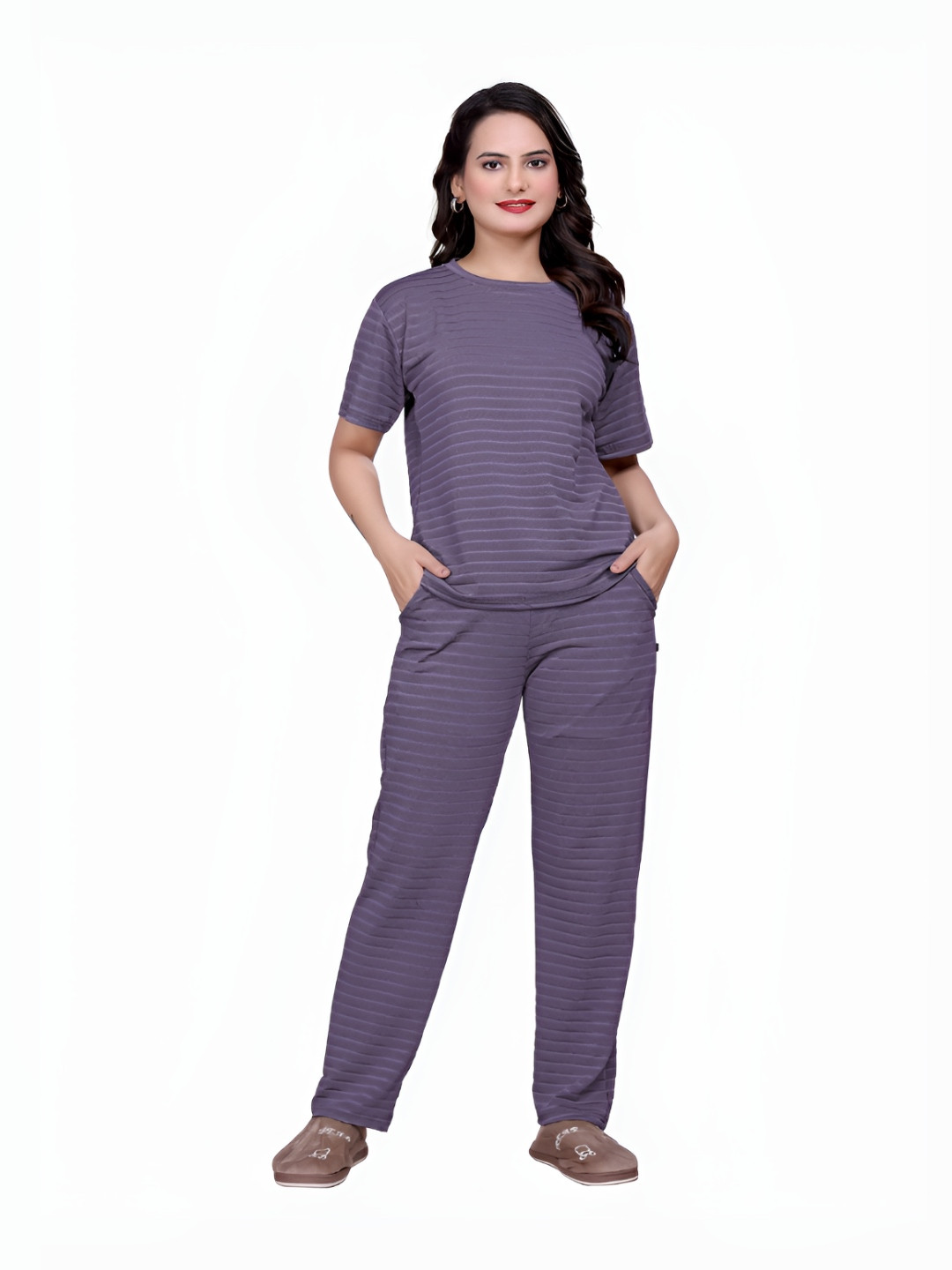 Dorell Purple Poly Cotton Co-ord Set with Textured Stripes
