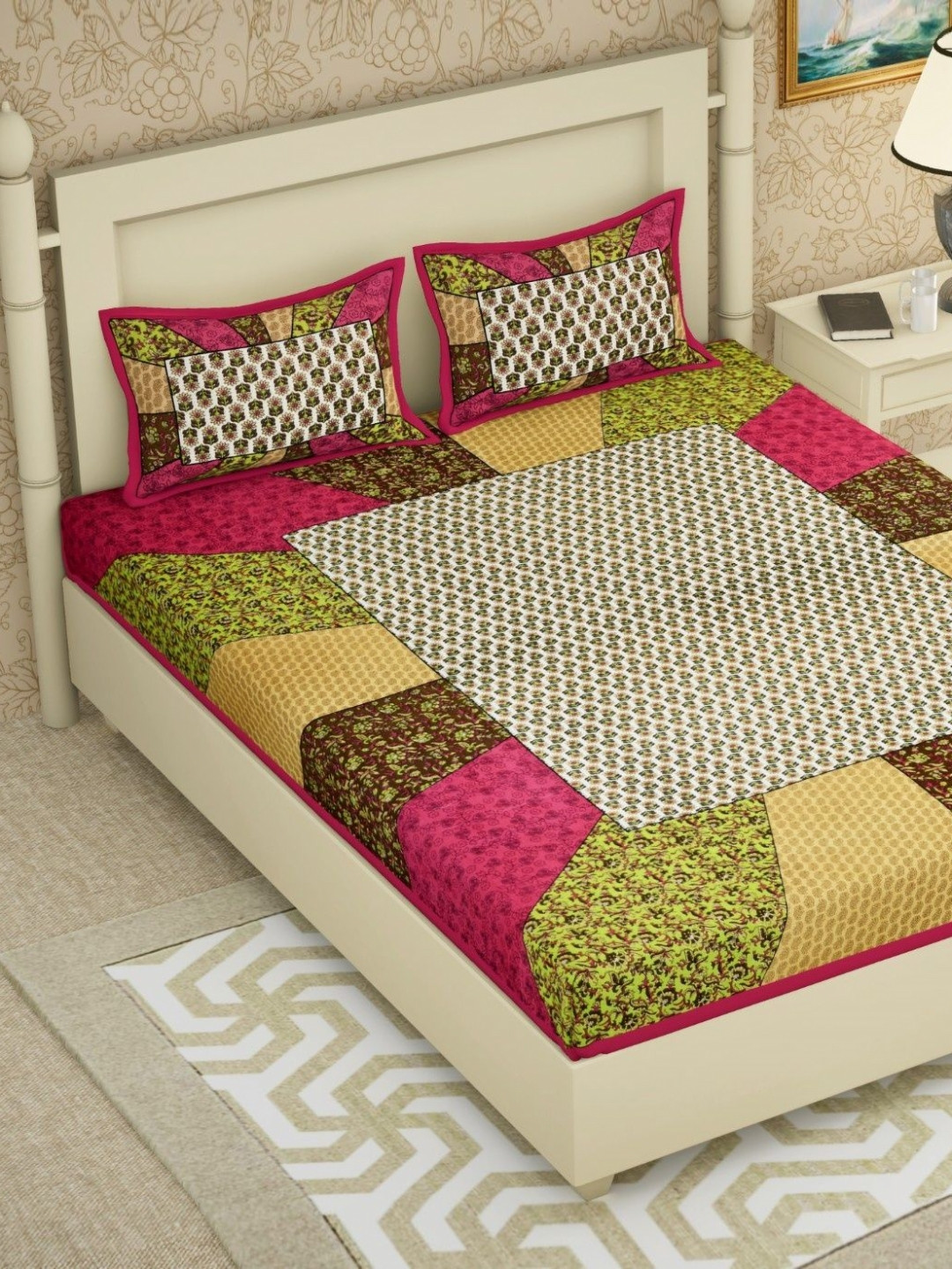 KD PRINTS Pink & White Floral 180 TC Bedsheet Set 76.2 m