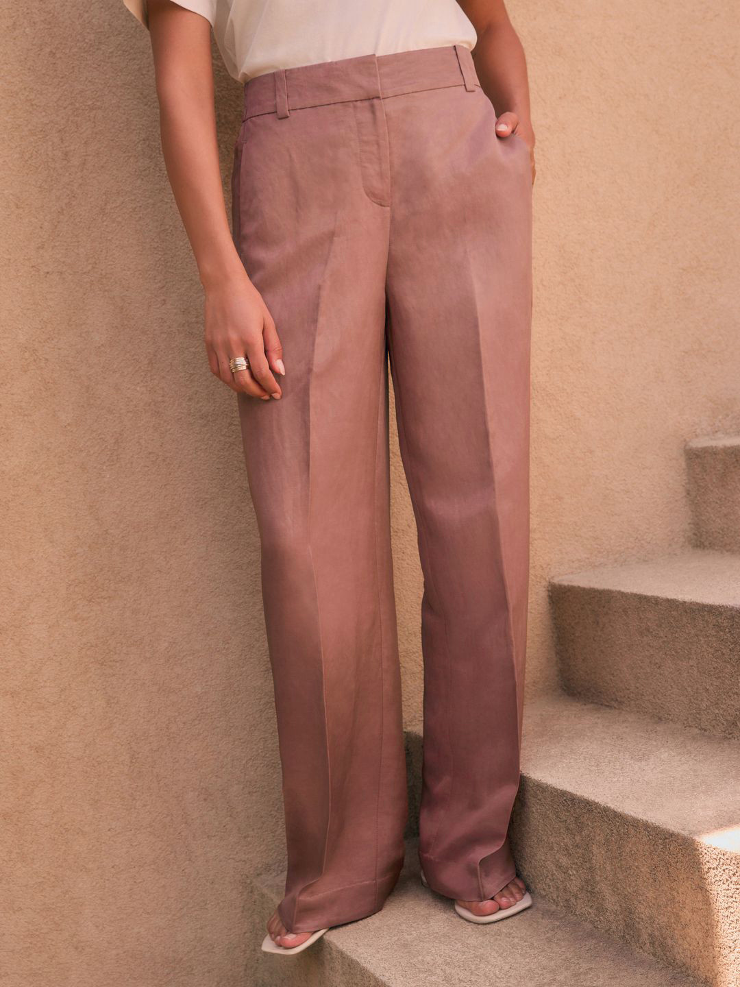 NEXT Women Wide Leg Satin Trousers With Linen