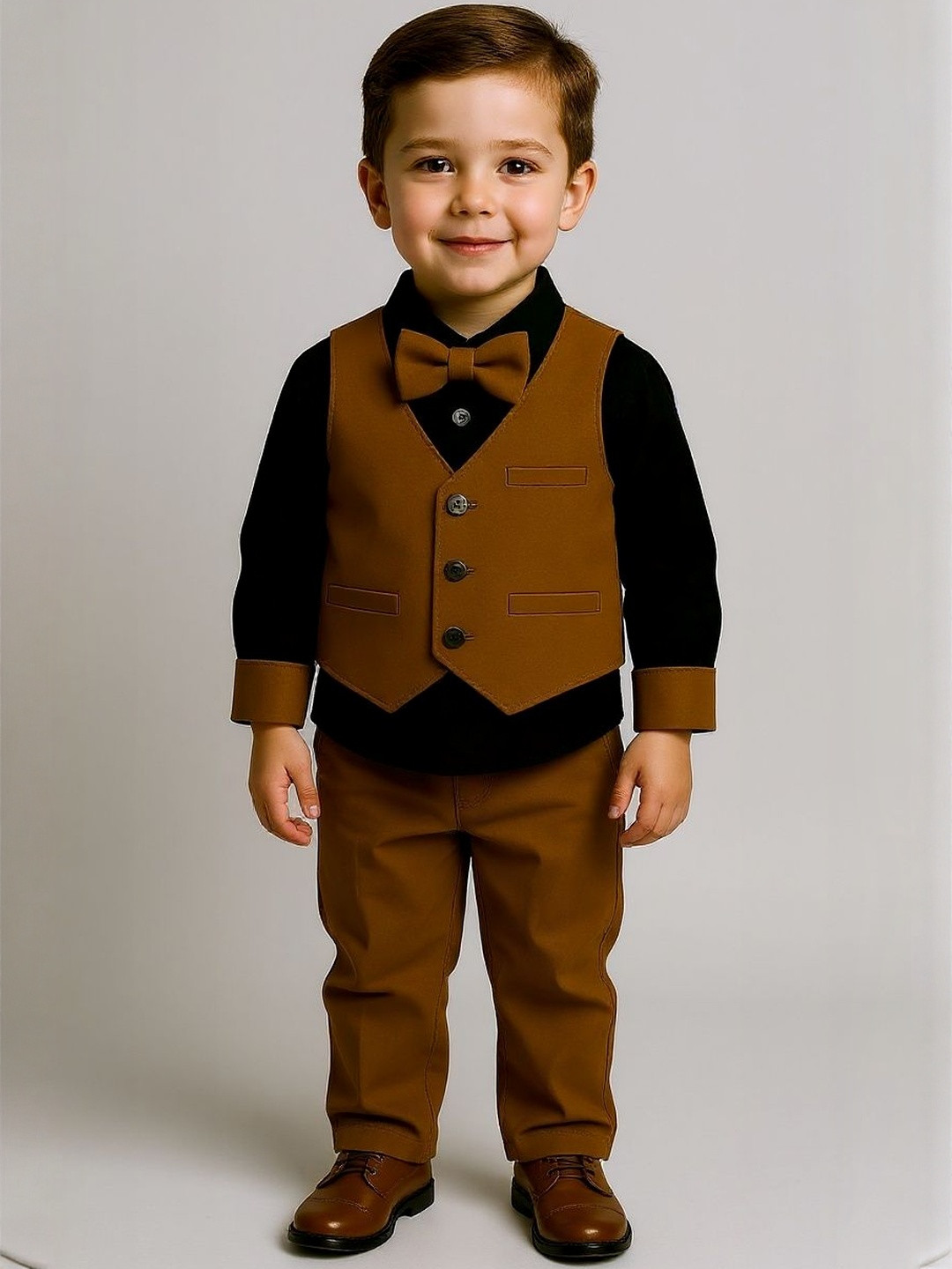 FABIZZA Boys Brown & Black Cotton Long Sleeves Shirt & Trouser With Waistcoat & Bow Tie