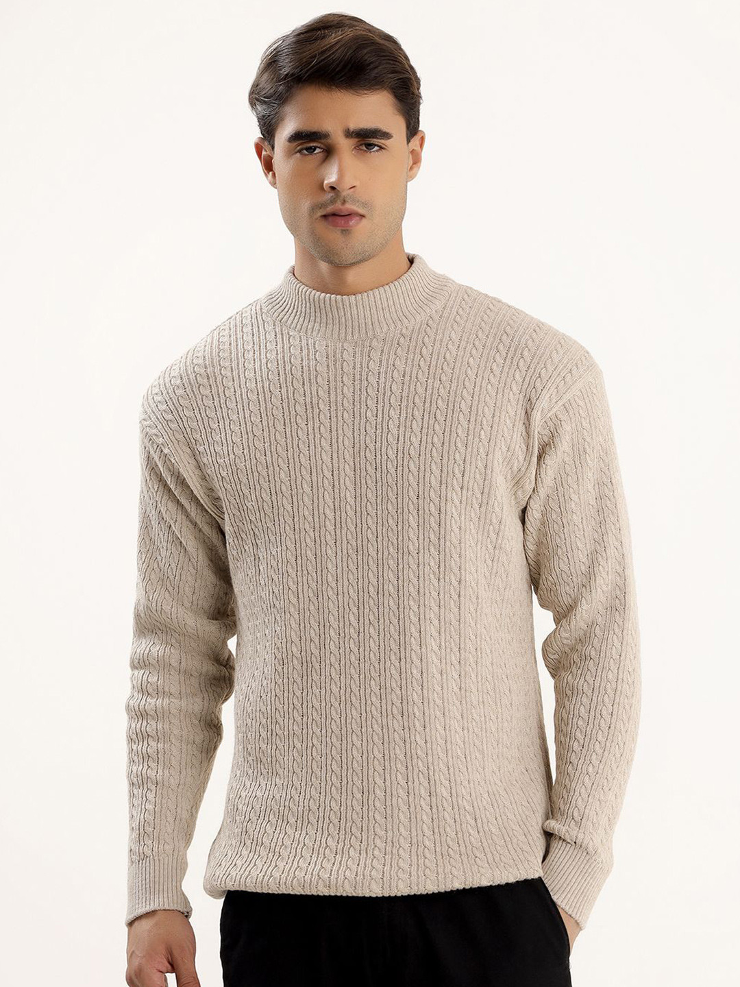 THE BEETEL HOUSE Men Cable Knit Self Design Long Sleeve Pullover Sweater