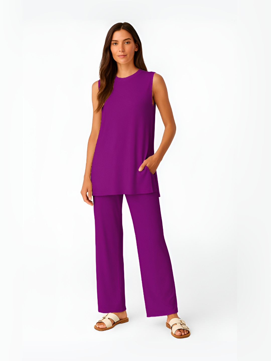 Moomaya Round Neck Split Hem Tank Top And Wide Leg Pants