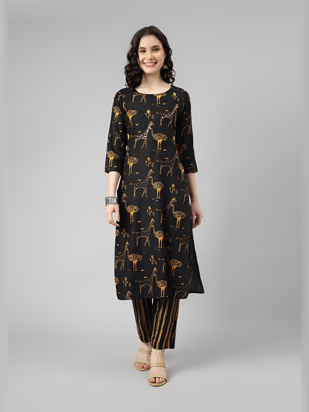 SINSINI Women Animal Printed Cotton Kurta with Trousers