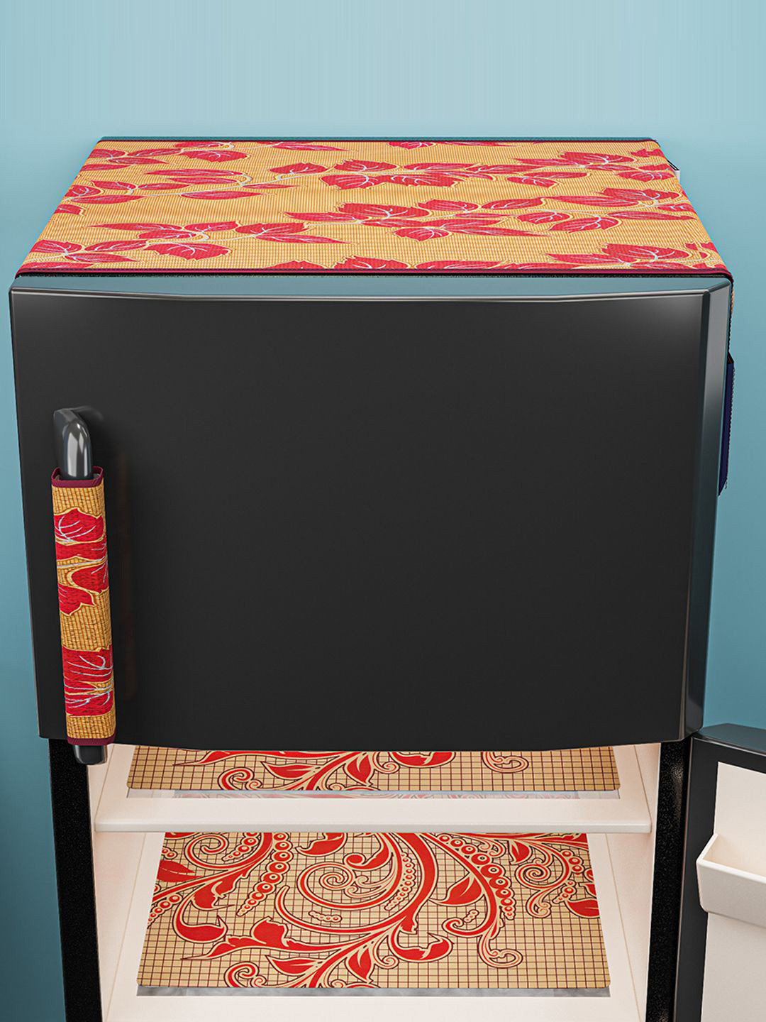 Kuber Industries Yellow & Red 3 Pieces Leaf-Printed Water-Resistant Refrigerator Covers