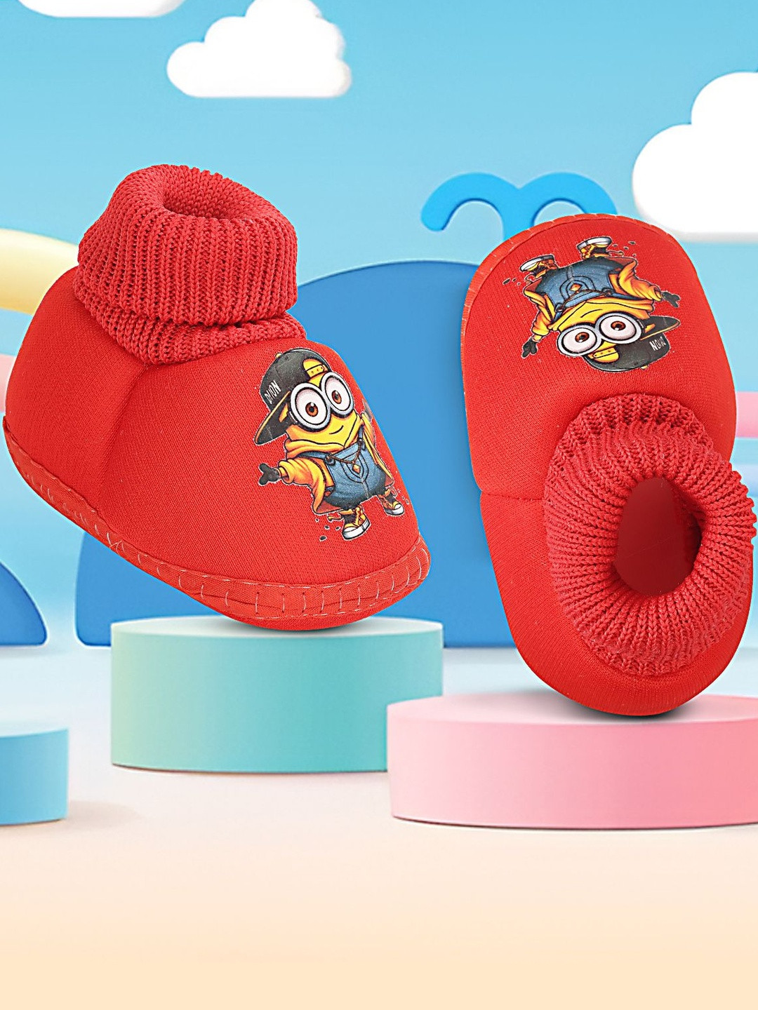 Dhairya Collection Unisex Kids Red Cotton Minion Printed Booties