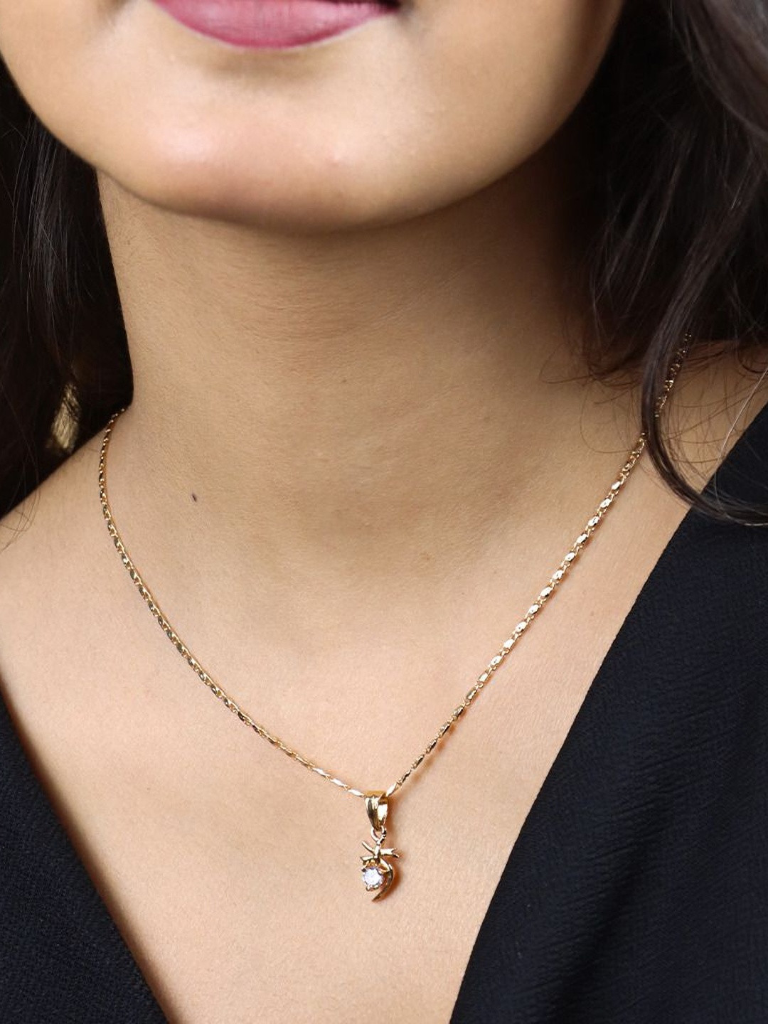 GARNISHA Women Gold-Plated Half Heart Shaped Cubic Zirconia Studded Pendant with Chain