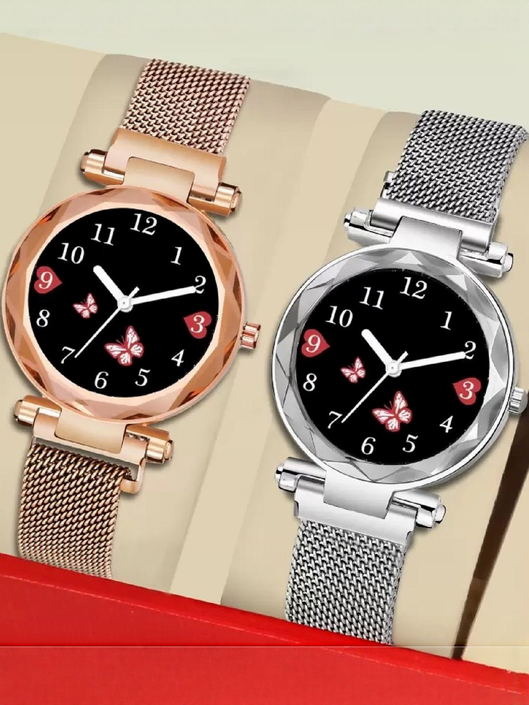LAKSH Women Pack of 2 Printed Dial & Metal Straps Analogue Watch
