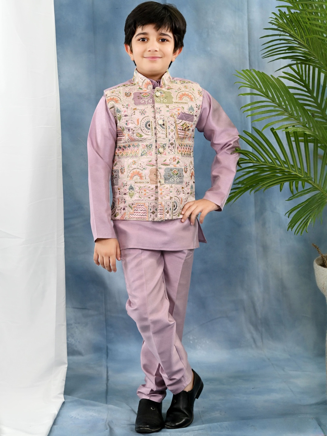 Sangria Boys Cotton Silk Kurta & Pyjama Set With Embroidered Waistcoat