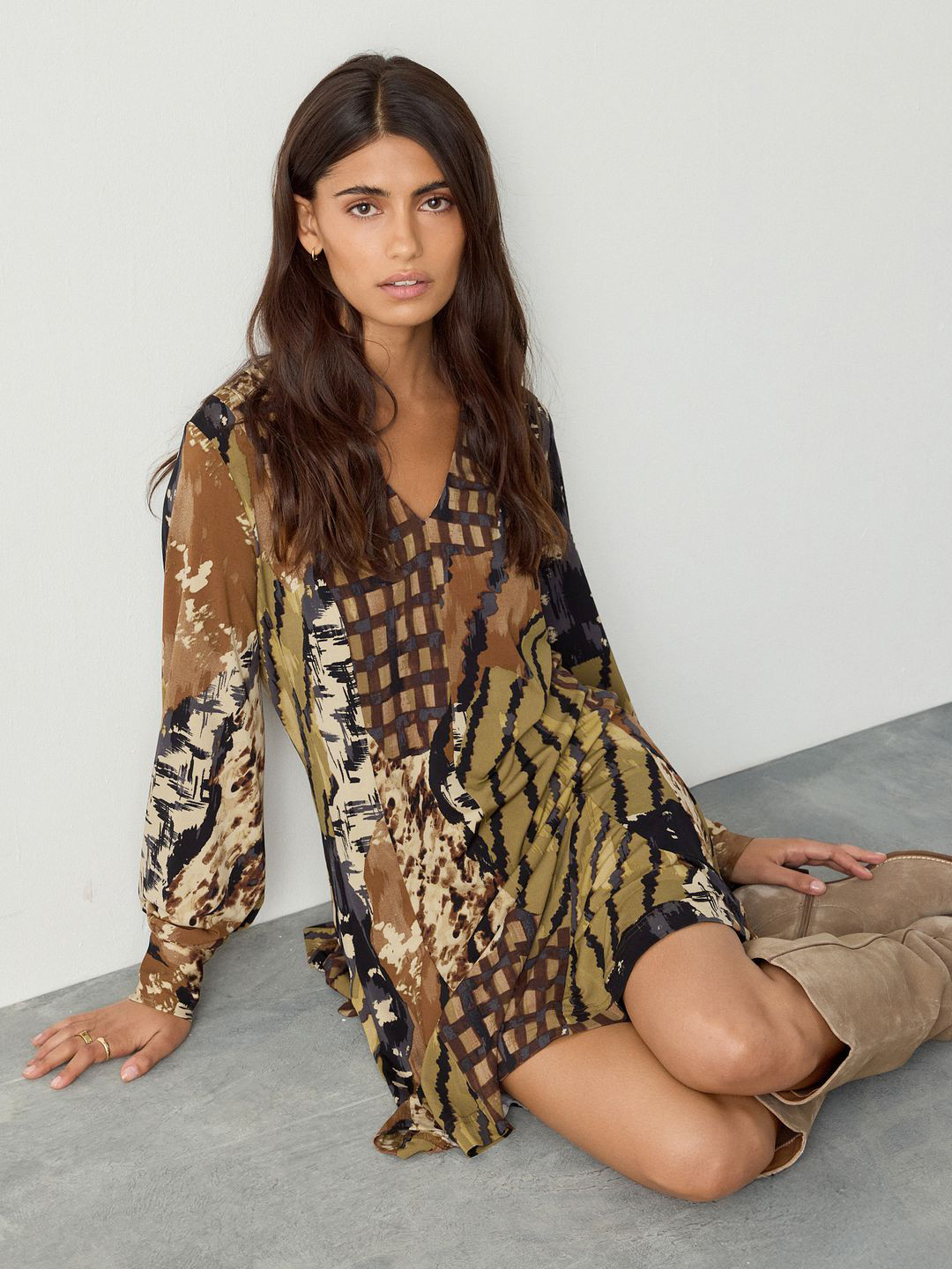 NEXT Abstract Print A-Line Mini Cuffed Sleeves Dress