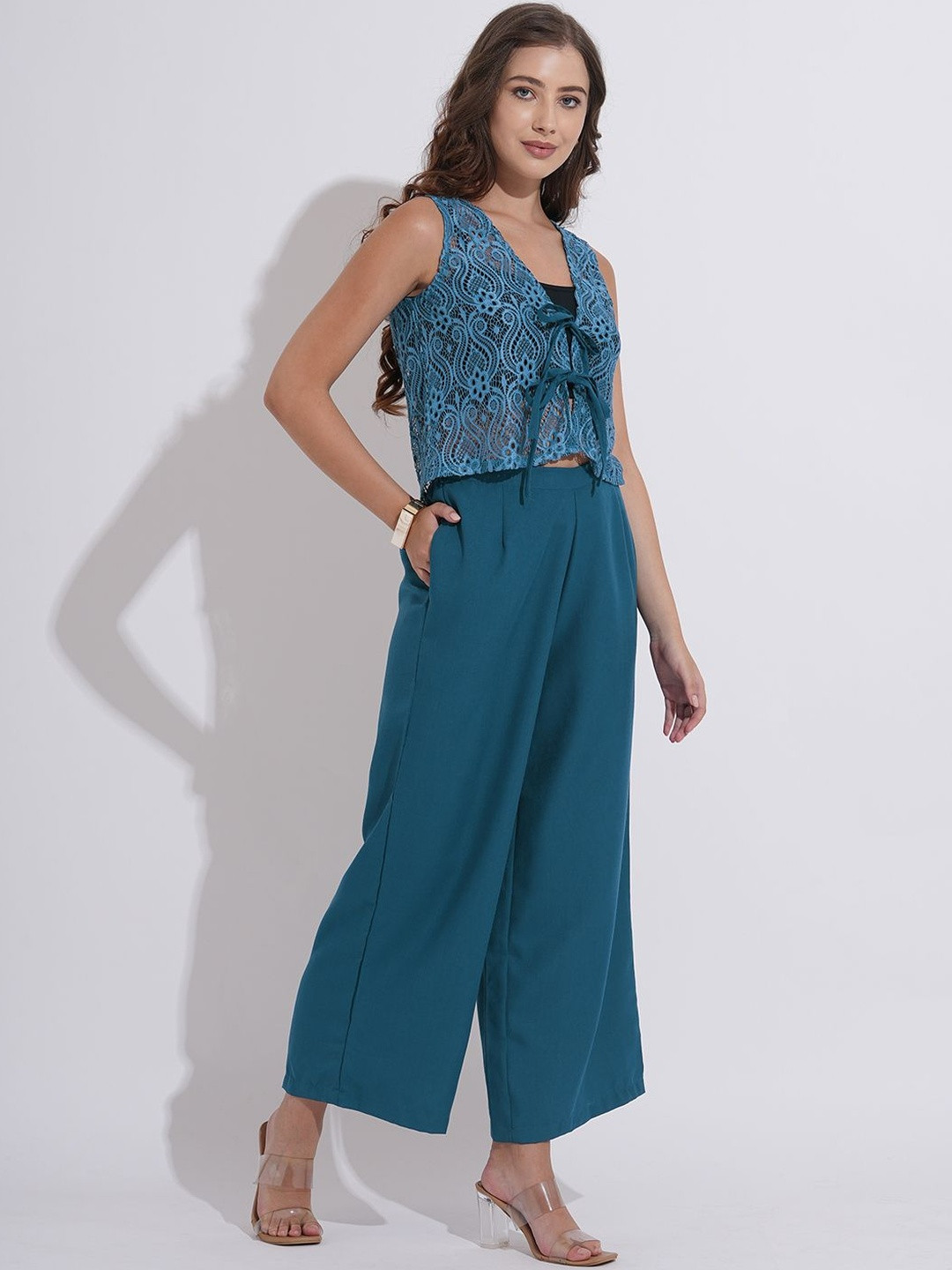 DressBerry Women Teal Sheer Jacquard Tie-Up Polyester Top & Trousers Co-Ord Set