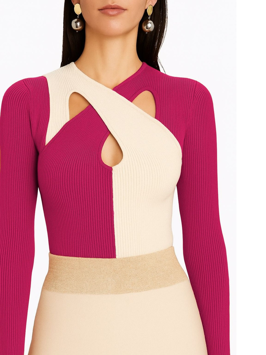 Pookiie Pink and Cream Colourblocked High Neck Top