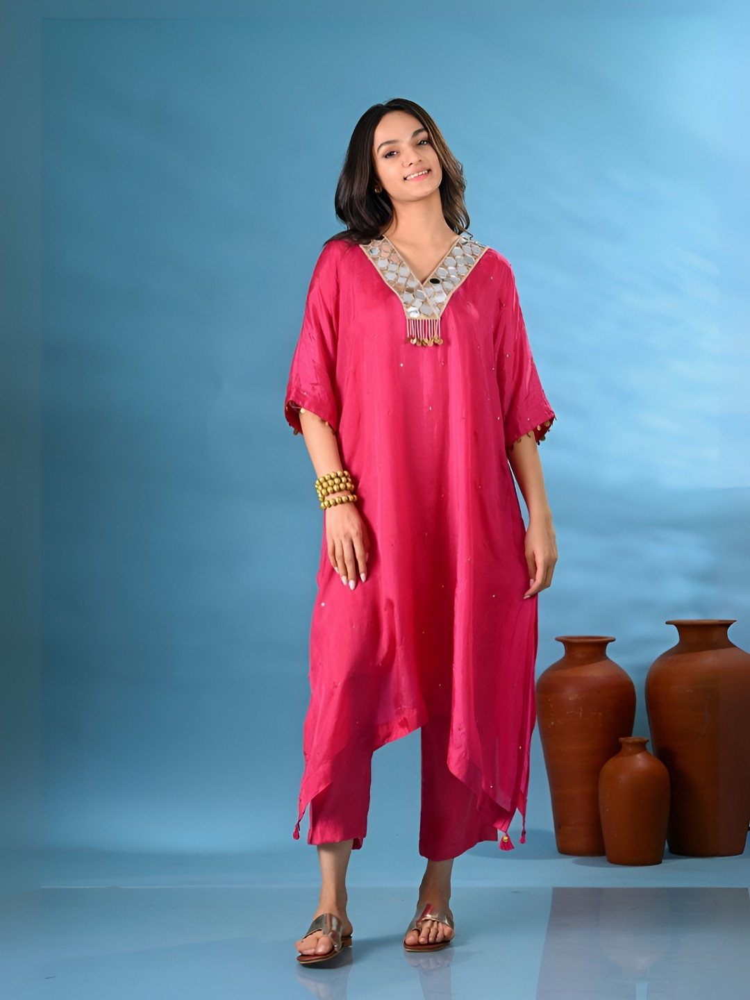 SHOP GULMOHAR V-Neck Mirror Work Pure Silk Kurta with Trousers