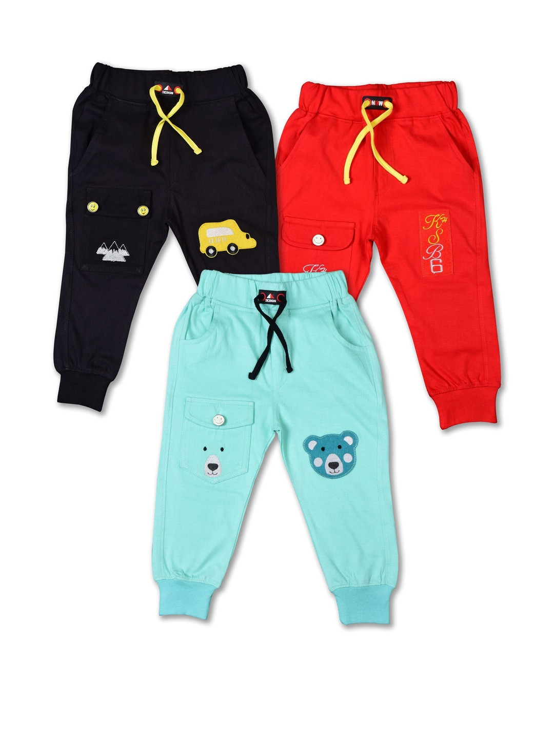 WORTON FASHION Boys Pack of 3 Sea Green Black & Red Cotton Casual Track Pant