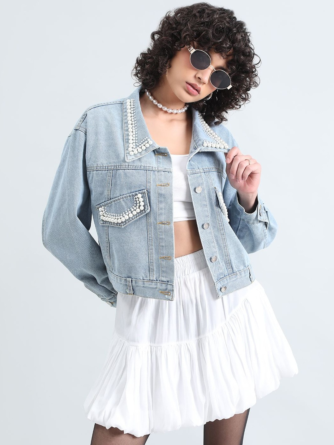 SHOWOFF Women Embellished Blue Denim Jacket
