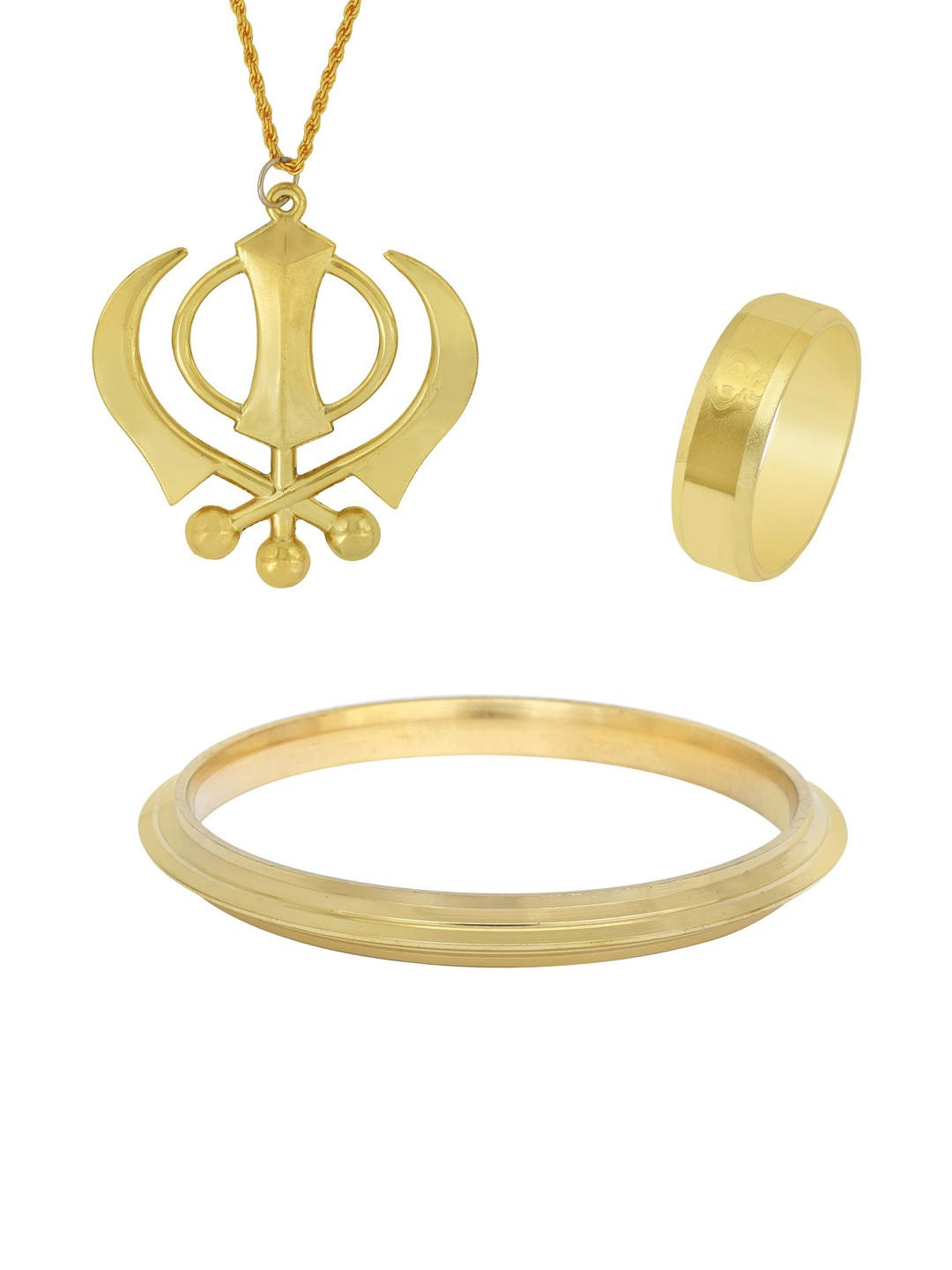 MEMOIR Gold-Plated Combo of Khanda Pendant Khanda Ring & Sikh Sardar Kada