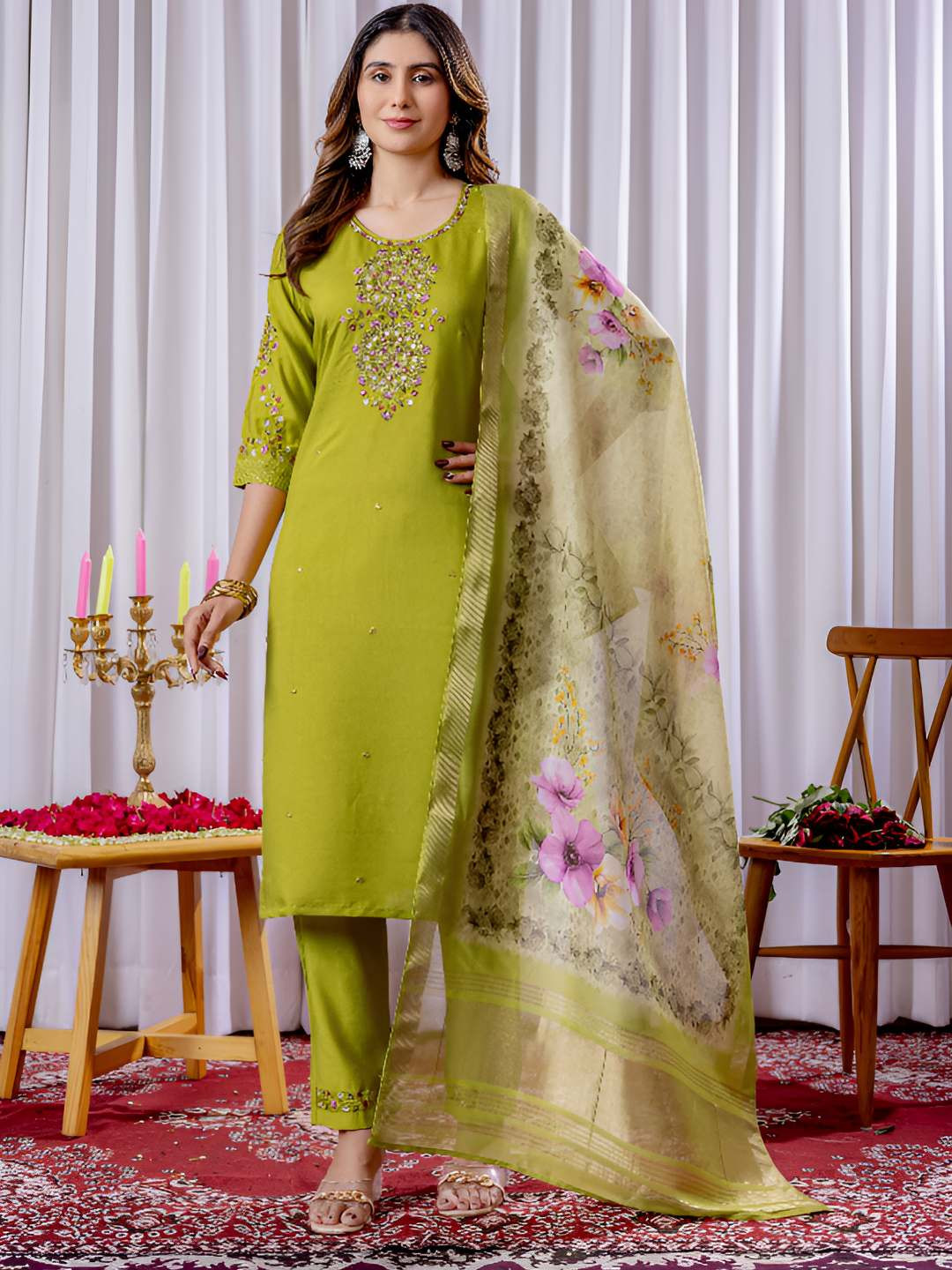 Divyadham Textiles Embroidered Beads & Stones Chanderi Silk Kurta With Trousers & Dupatta