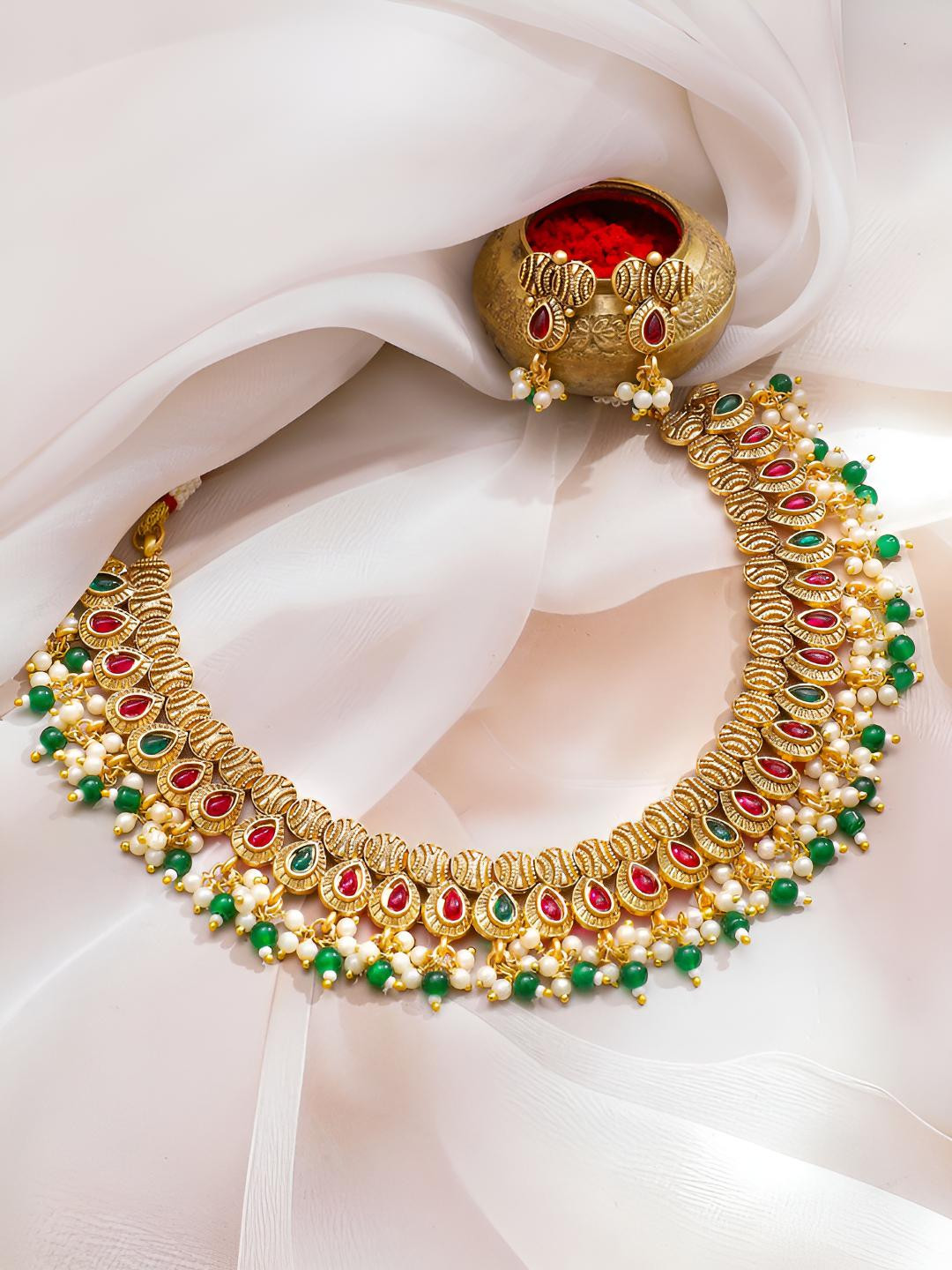 Rubans 22K Gold-Plated Ruby Red & Emerald Green Studded White & Green Beads Necklace Set
