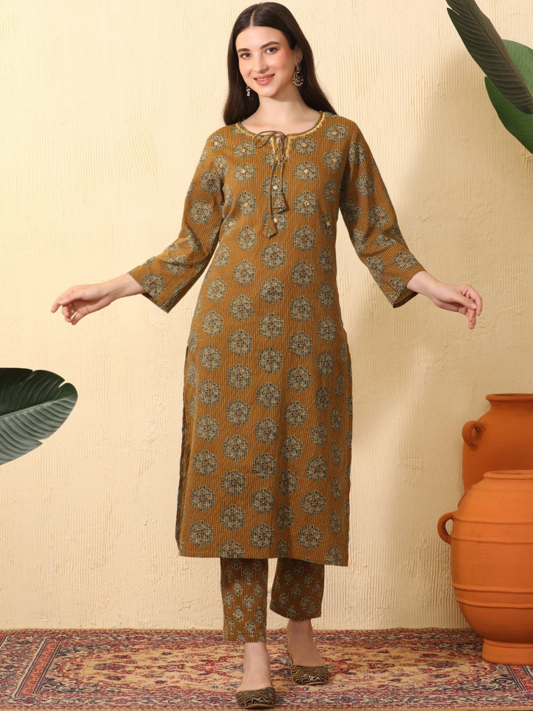 Sangria Women Ethnic Motifs Printed Regular Mirror Work Pure Cotton Kurta with Trousers