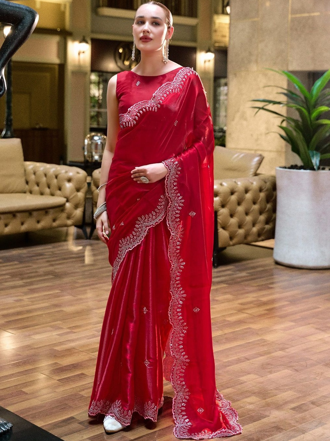 Suha Red Beads and Stones Embellished Poly Chiffon Saree