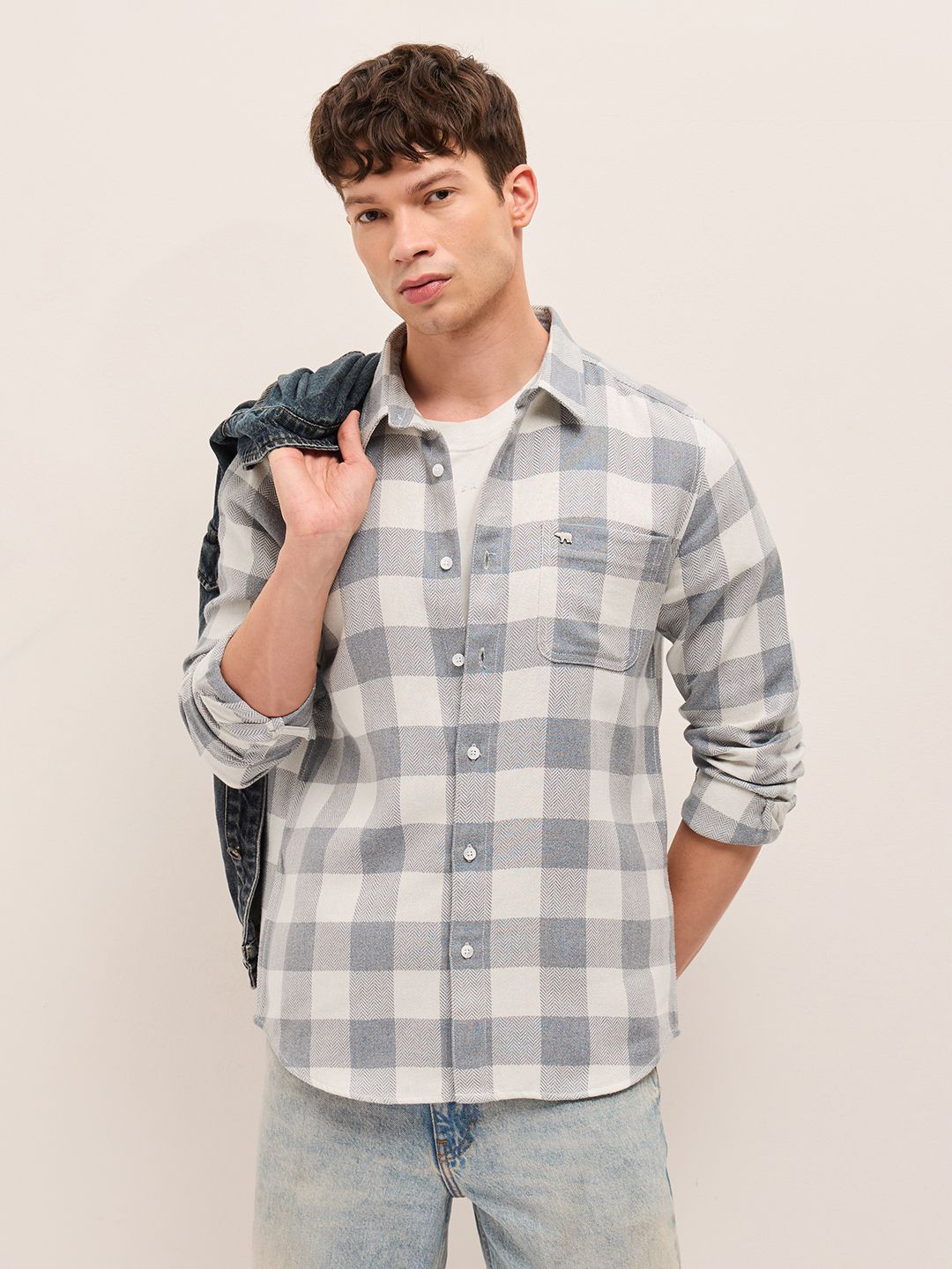 THE BEAR HOUSE Herringbone Checked Cotton Casual Shirt