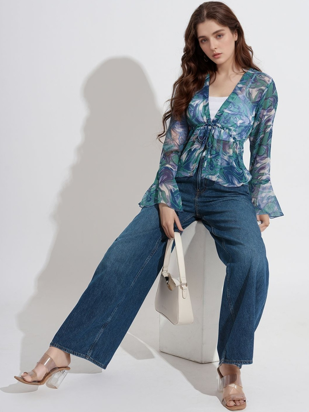 DressBerry Women's Abstract Printed Bell Sleeve Chiffon Peplum Top