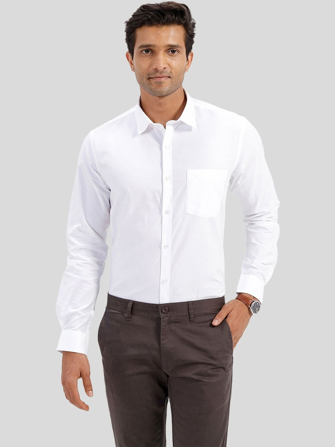 UATHAYAM Men White Solid Cotton Regular Fit Full Sleeve Formal Shirt