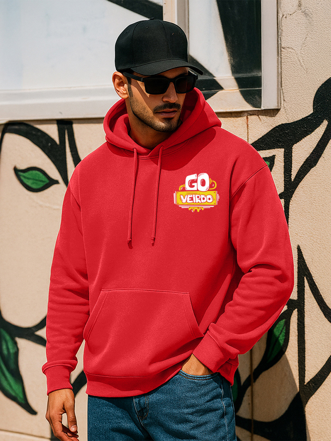 VEIRDO Men Red Detail Printed Cotton Fleece Oversized Hooded Pullover Sweatshirt