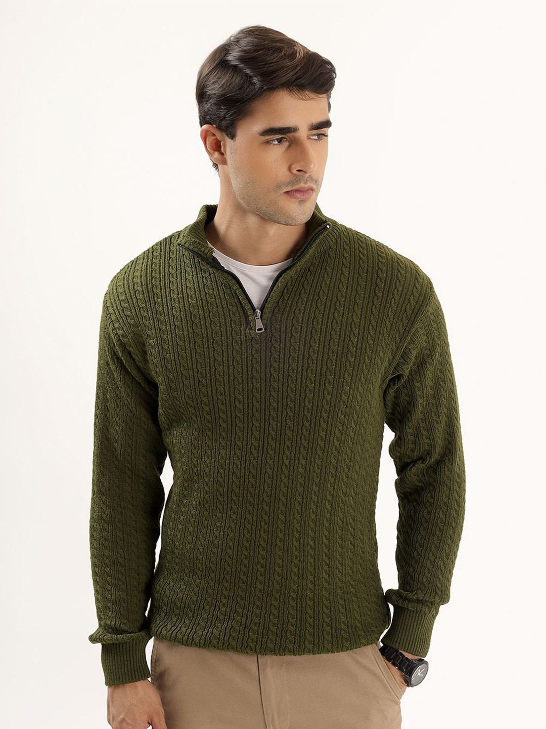 THE BEETEL HOUSE Men Cable Knit Self Design Half Zipper Sweater