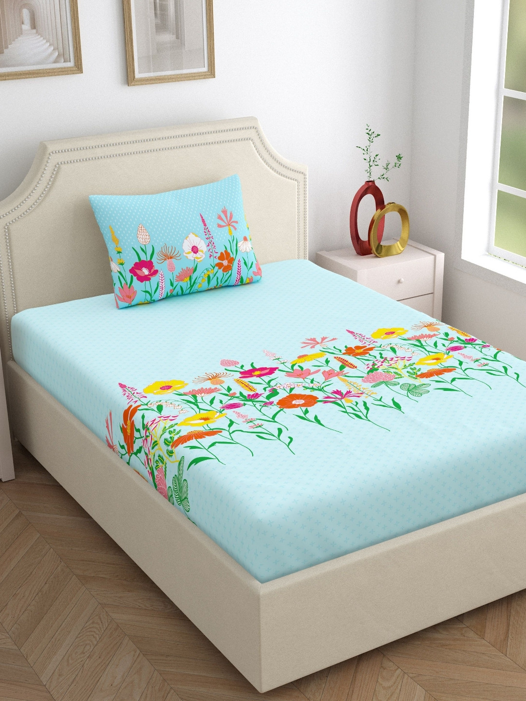 Home Ecstasy Blue & Green Floral 140 TC Single Bedsheet Set 1.50 m x 2.20 m