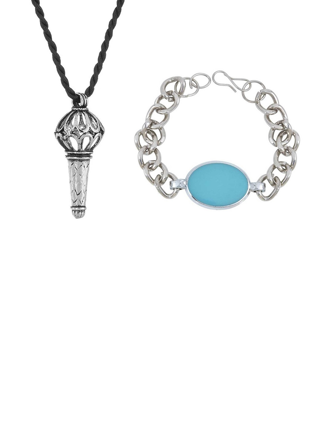 Missmister Men Brass Pack of 2 Silver-Plated Turquoise Feroza bracelet replica pendant