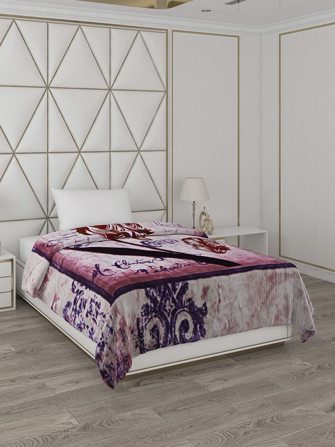Monte Carlo Beige & Blue Printed Heavy Winter Single Bed Blanket 1051 GSM