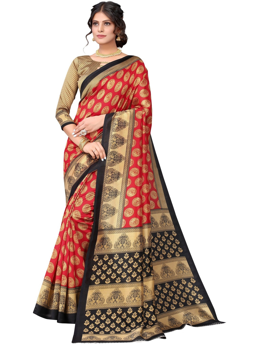 Moda Rapido Red & Green Peacock Printed Art Silk Saree