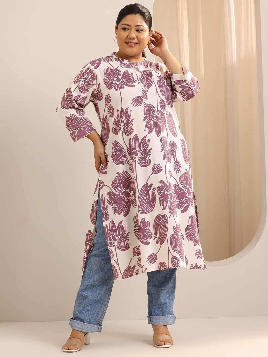 SINSINI Women Plus Size Floral Printed Band Collar Straight Kurta