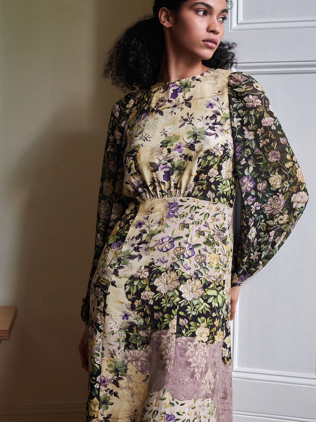 NEXT Floral Print Puff Sleeves A-Line Ruched Maxi Dress