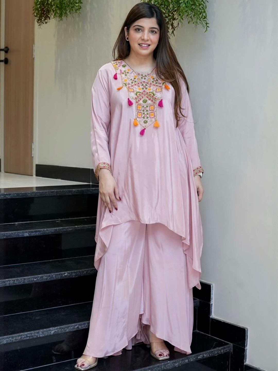 KALINI Women Pink Embroidered Silk Blend Tunic & Palazzos