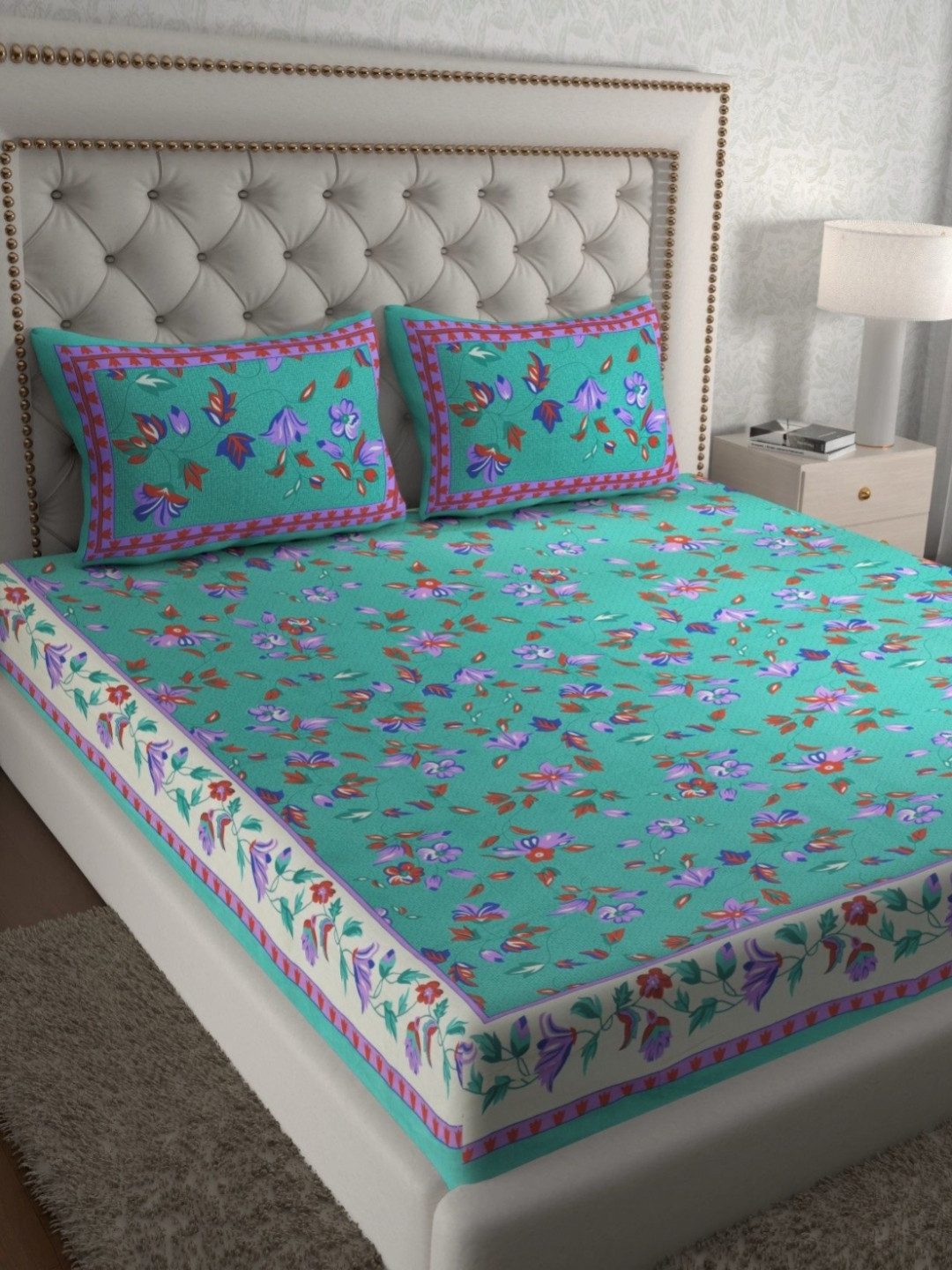 KD PRINTS Green & Purple Floral 180 TC Bedsheet Set 76.2 m