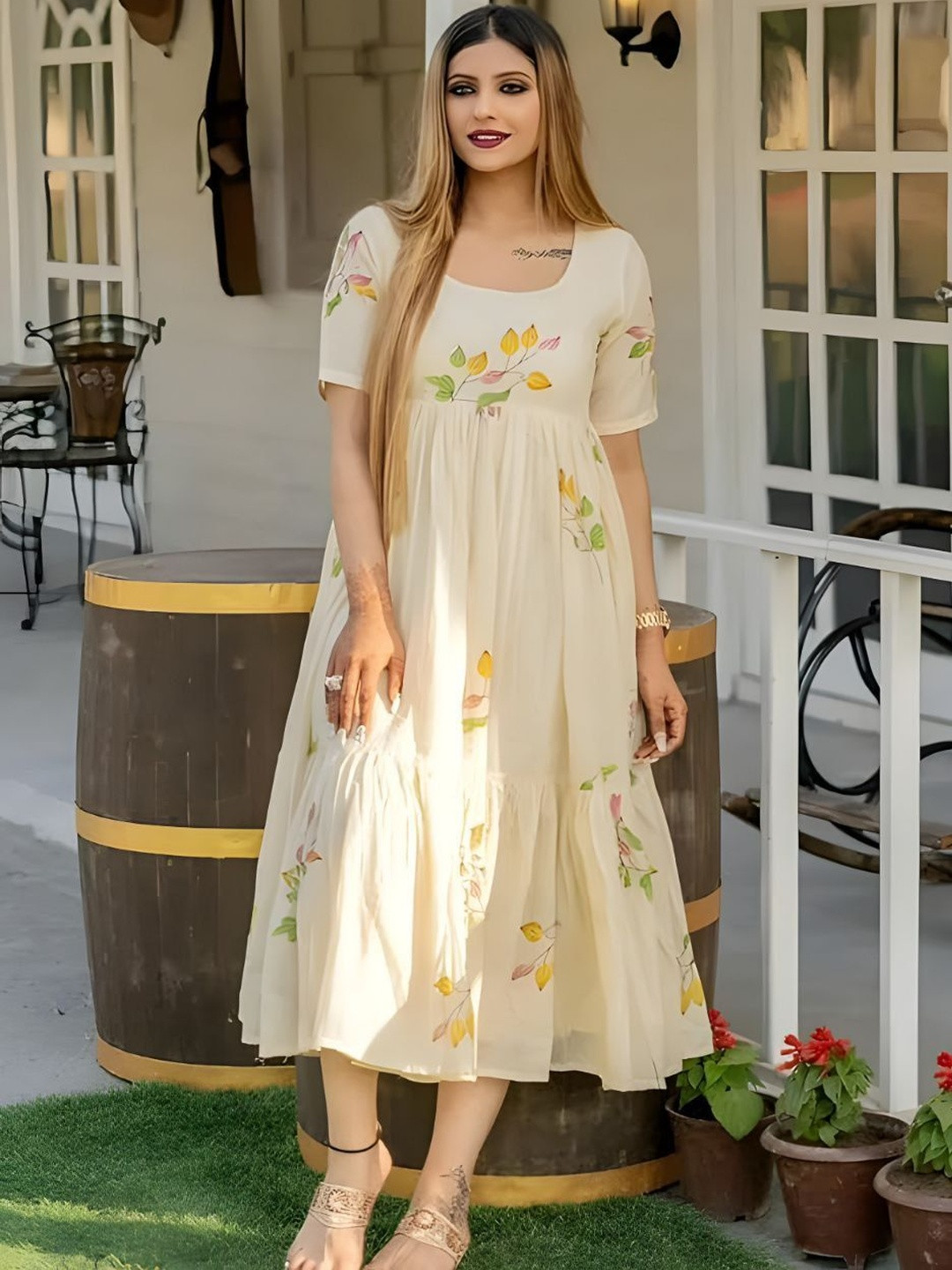 VenderVilla Women Floral Printed Round Neck Fit and Flare Midi Dress