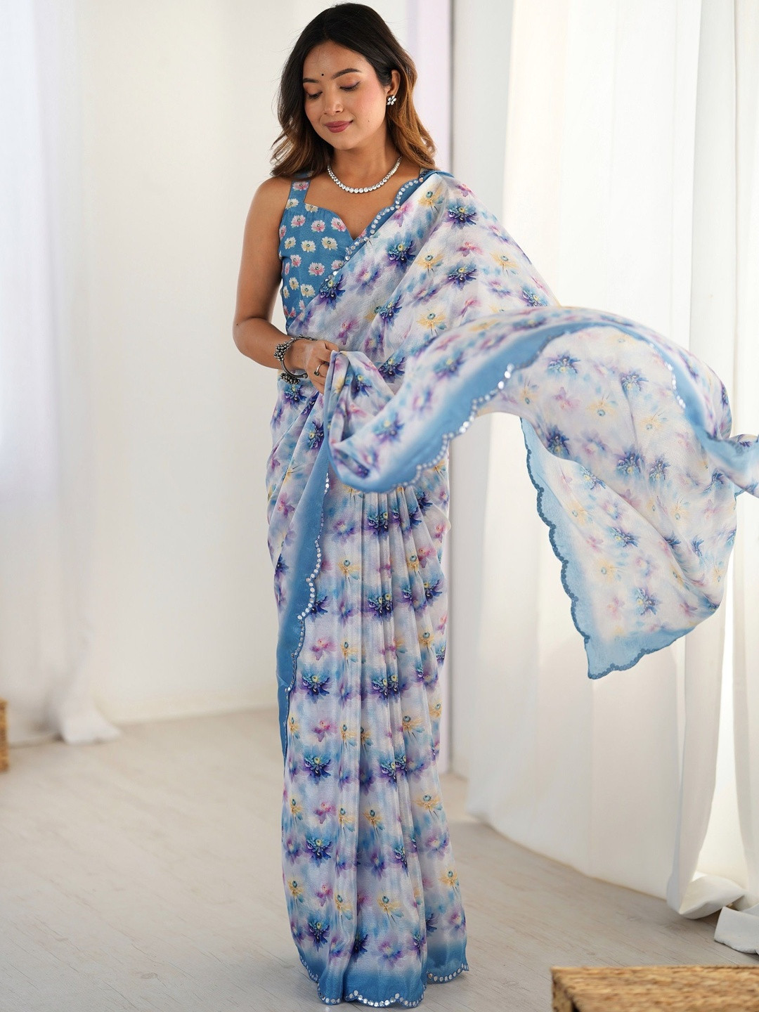 CANIZZARO Floral Printed Mirror Work Scallop Border Saree