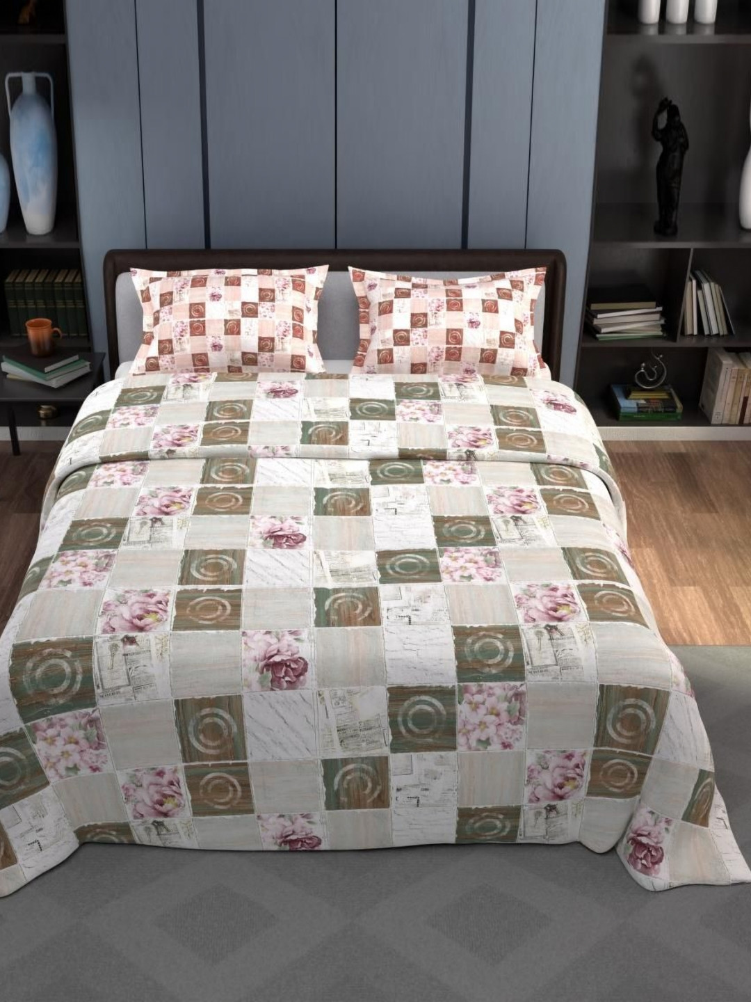 Synergized Cotton Grey & Red Printed Cotton Bedsheet With 2 Pillow Covers 2.74m x 2.74m