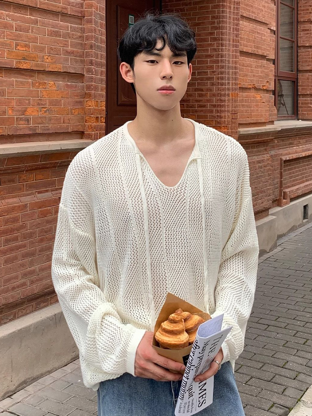 StyleCast Men Relaxed Fit Self Design V-Neck Long Sleeve T-shirt