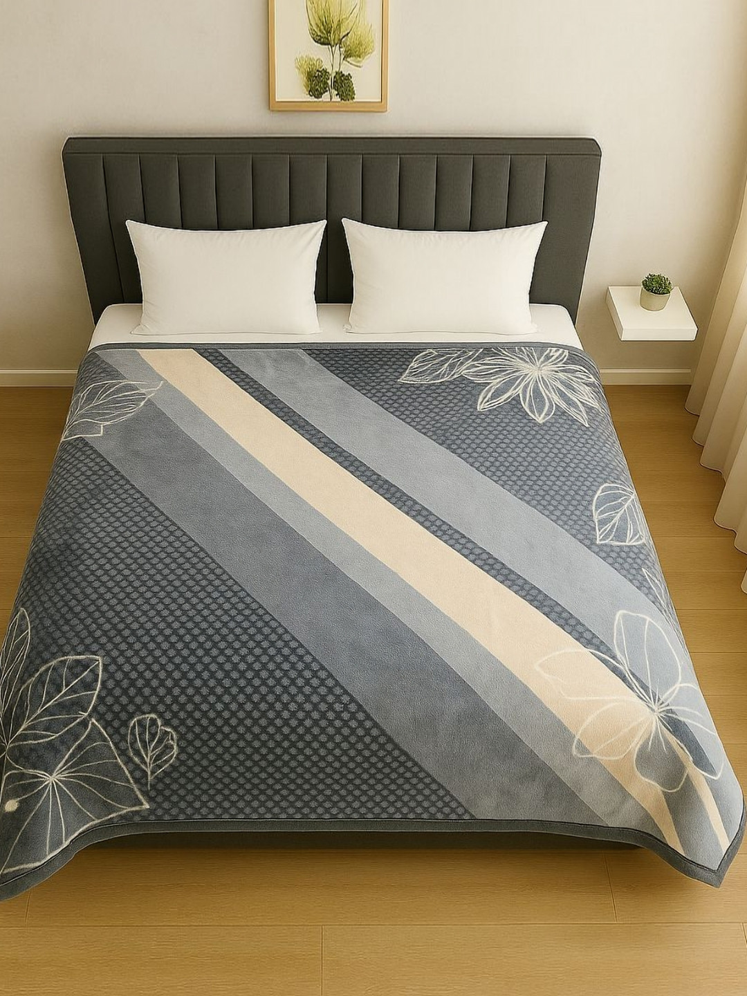 Nivasam Cadbury Grey & Beige Floral Mink Heavy Winter 600 GSM Double Bed Blanket