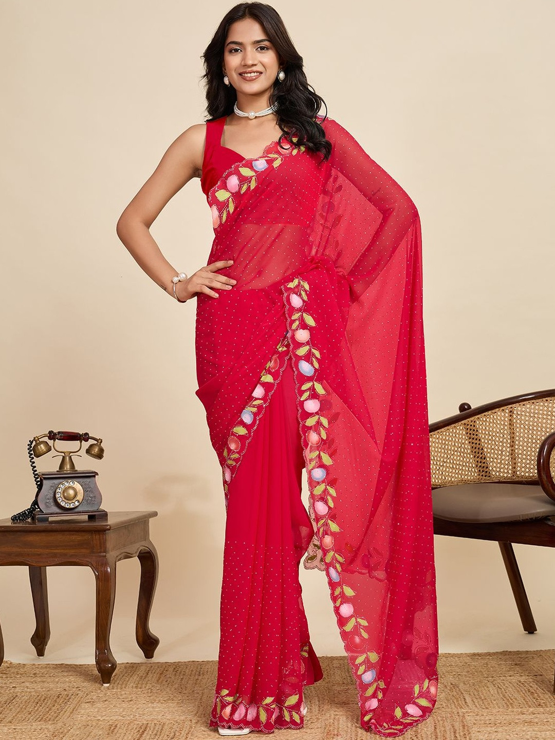 Suha Women Red Georgette Polka Dot With Embroidery Boarder Saree