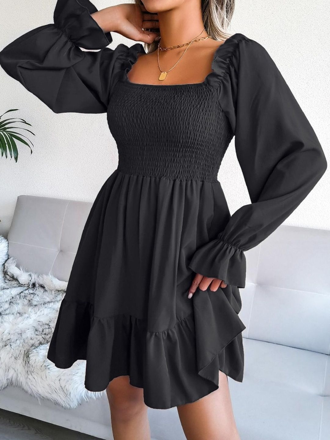 fuprecious Women Square Neck Smocked Detail Puff Sleeve Fit and Flare Dress