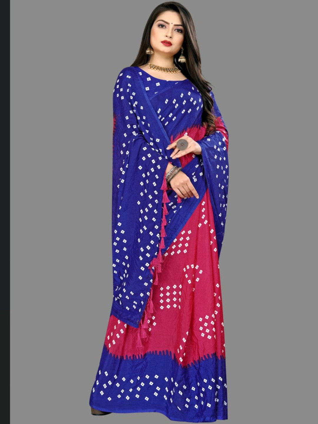 ETHVIL Dyed Solid Border Bandhani Saree