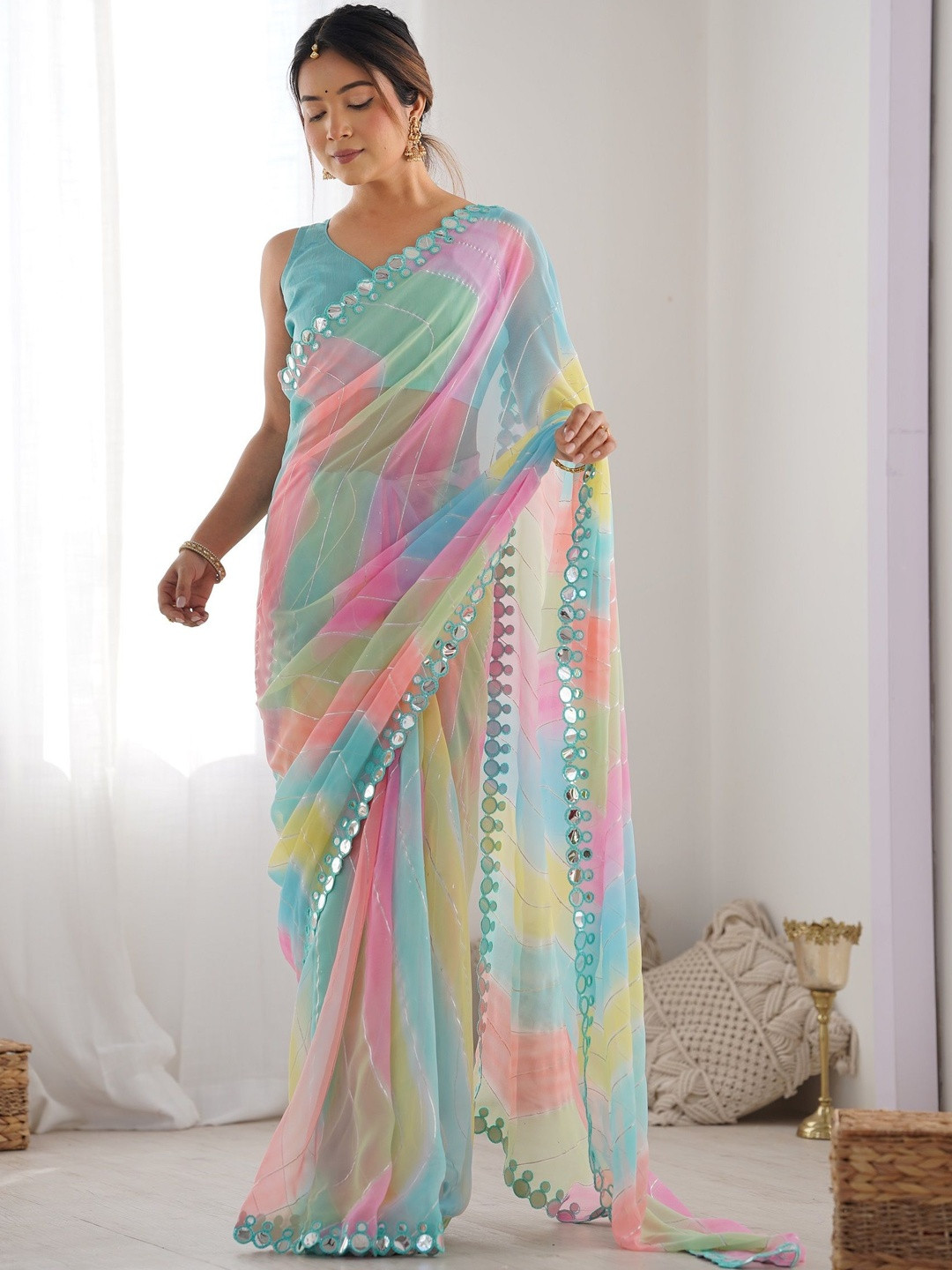 CANIZZARO Ombre Dyed Mirror Work Pastels Saree