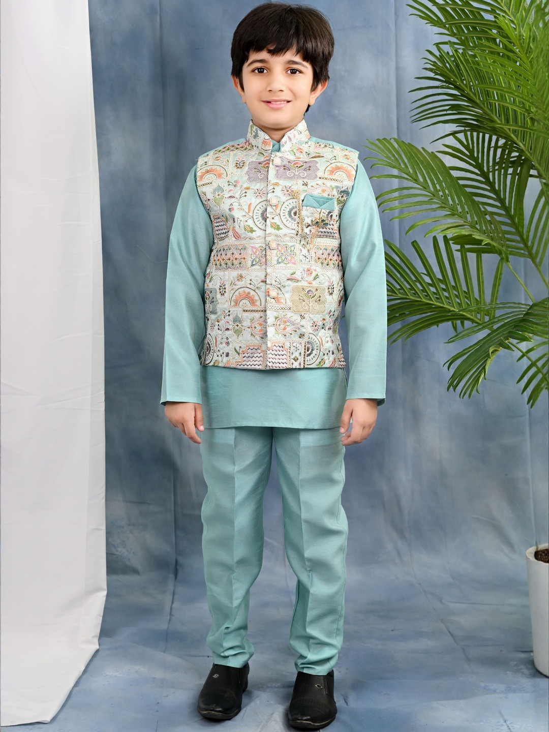 Sangria Boys Cotton Silk Kurta & Pyjama Set With Embroidered Waistcoat
