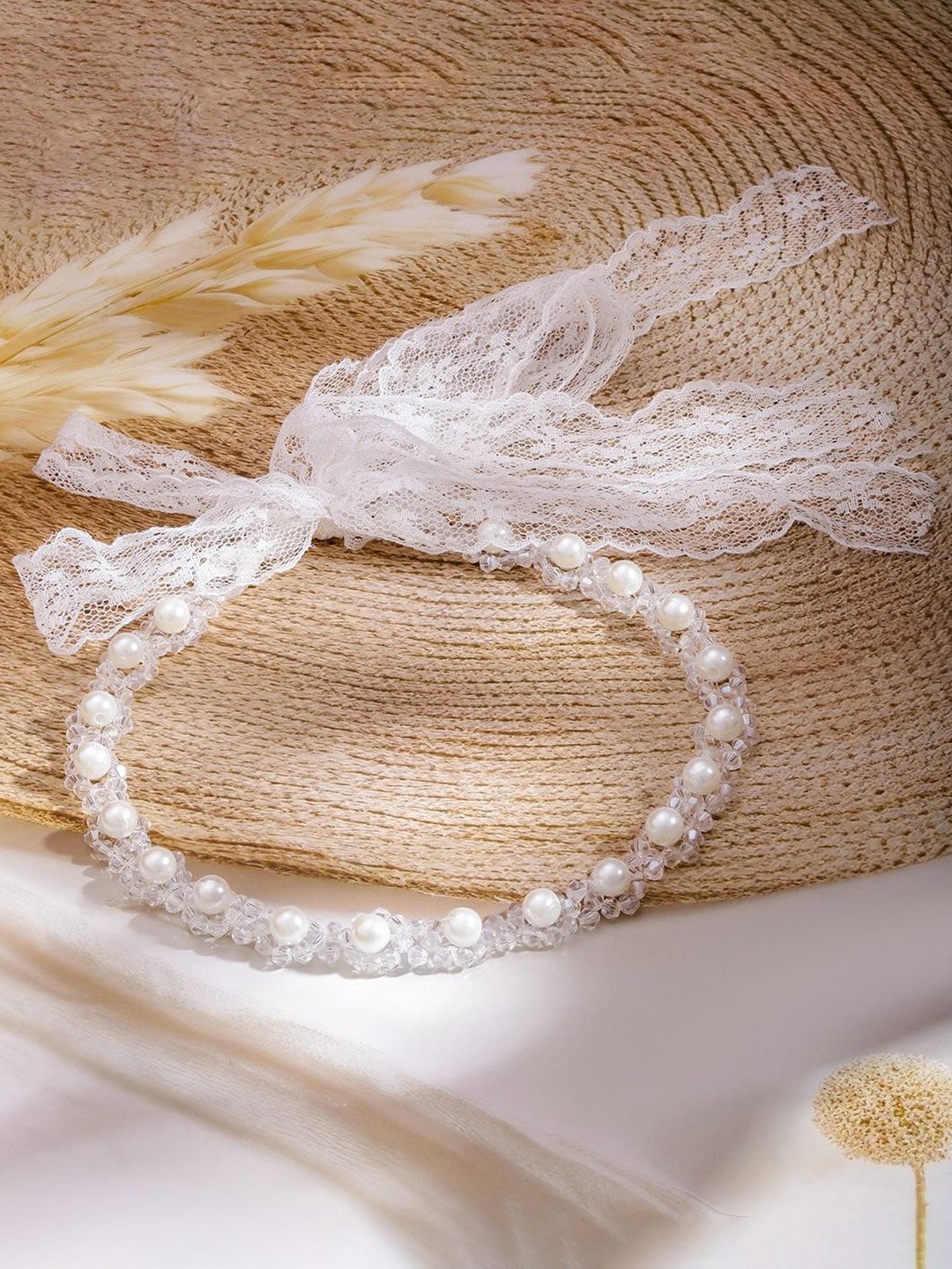 Rubans Couture-Inspired White Pearl Hairband with Romantic Lace Ribbon Detailing