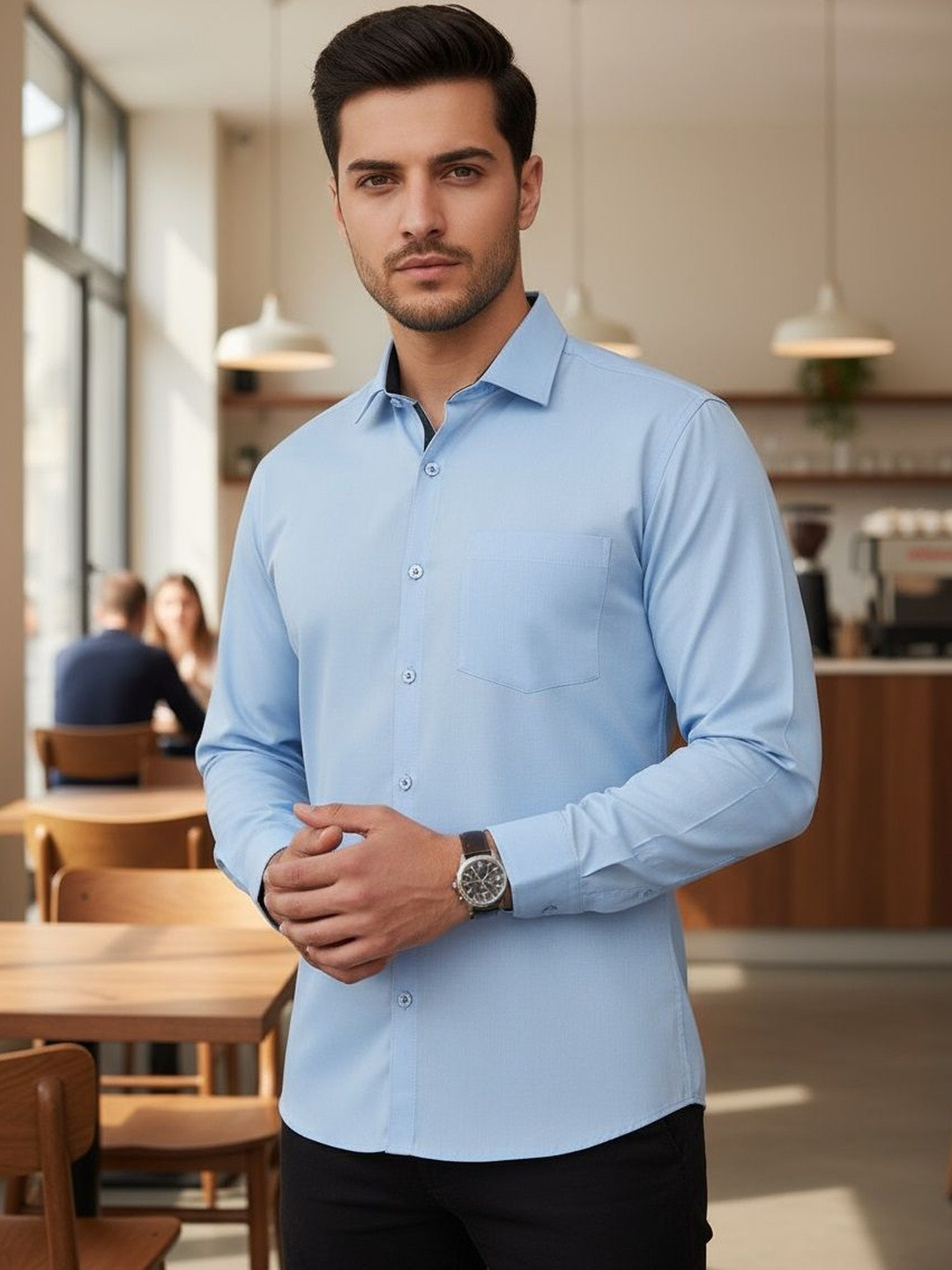 SZN Men Blue Slim Collar Long Sleeves Cotton Formal Shirt