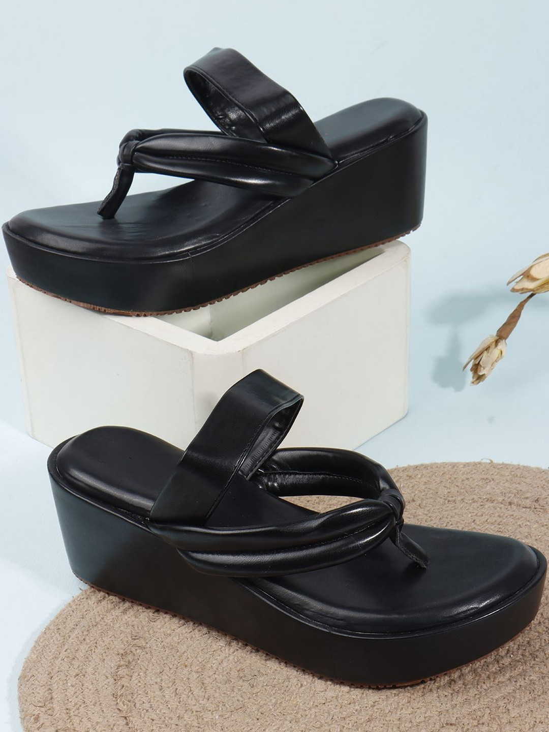 HERE&NOW Women Black Open Toe Wedges